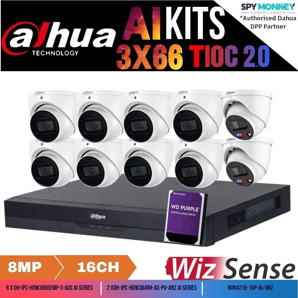 Dahua TiOC x 3X66 Security System: 2x TiOCs + 8x 8MP AI Cams, 16CH WizSense NVR + HDD