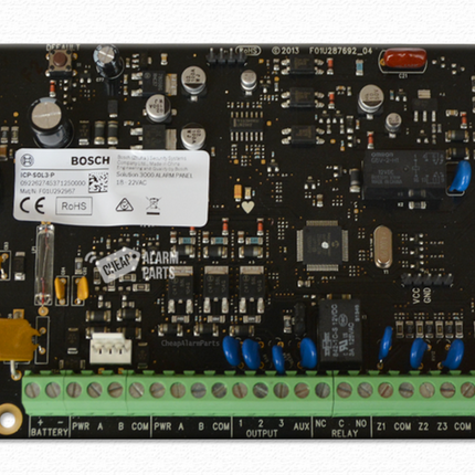 Bosch BOSICP-SOL3-P Solution 3000 Hardwired Alarm Panel Black 8 X/16 X Split Zone Not Expandable 4 X Output 2 Areas 32 Users 4 Keypad 16 Wireless 256 Events PCB Enclosure Mount Built In Pstn 18VAC