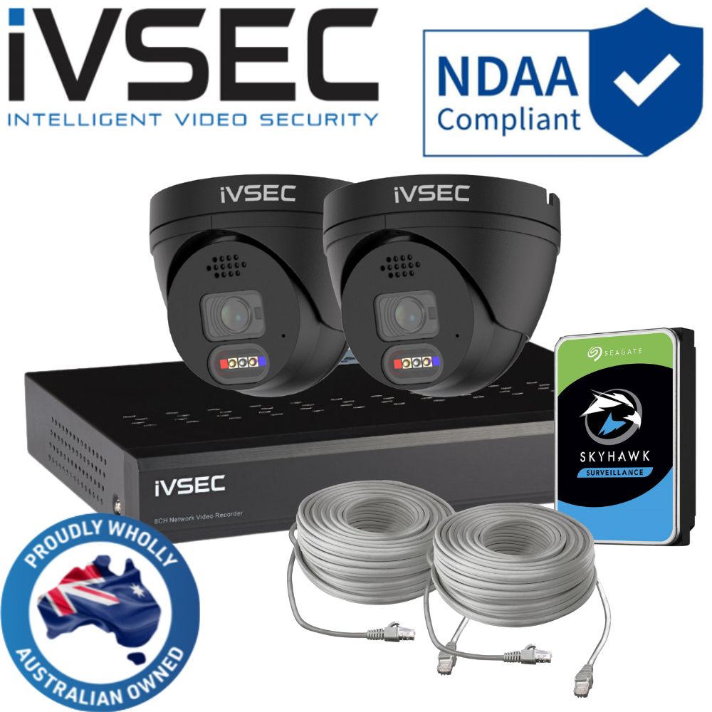 IVSEC Security System: 2x 8MP Adv. Deter, Full-Colour, Black Turrets, 4-Channel 8MP NVR, SMD