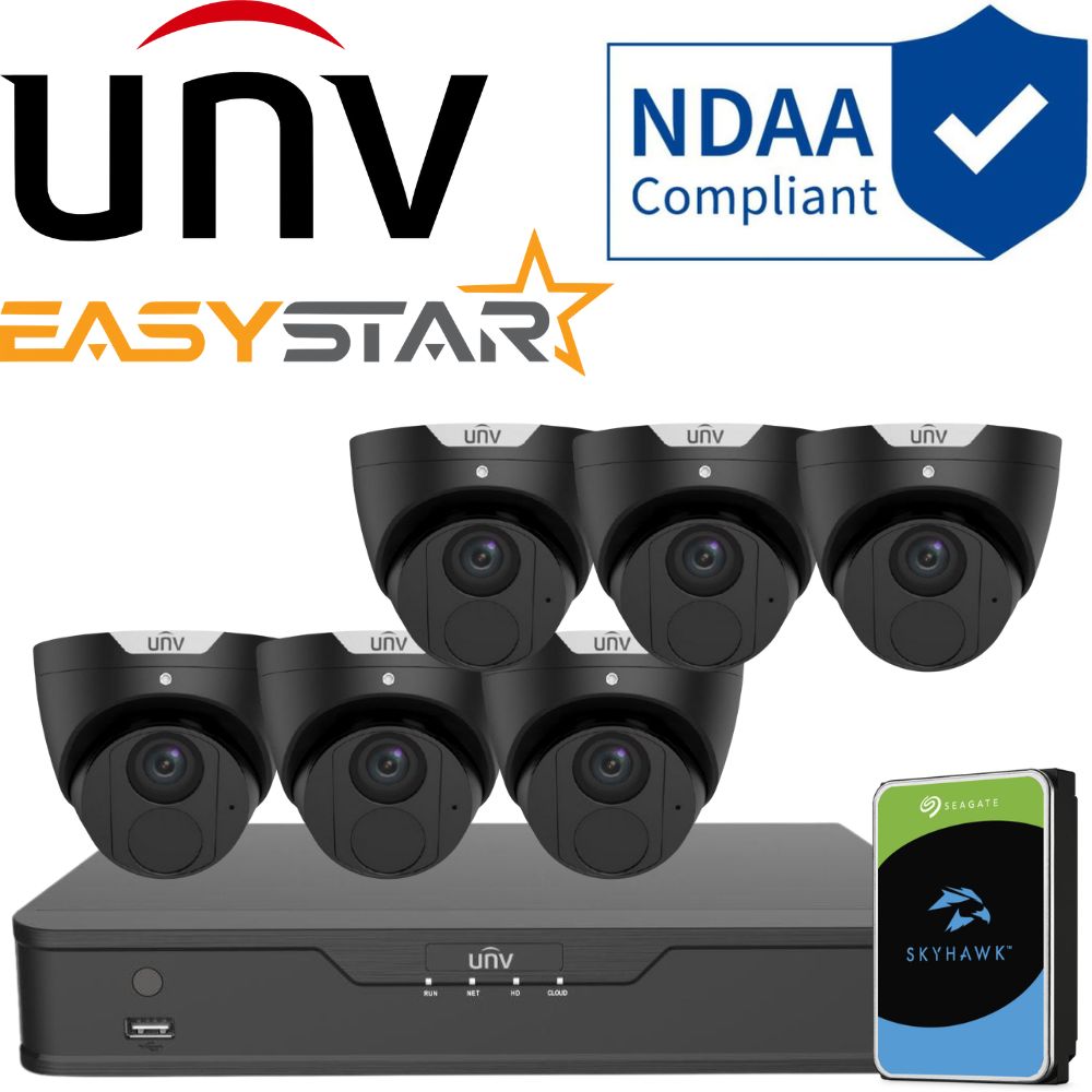 Uniview EasyStar Security System: 6x 6MP Turret Cams, 8CH 4K NVR + HDD (Black)