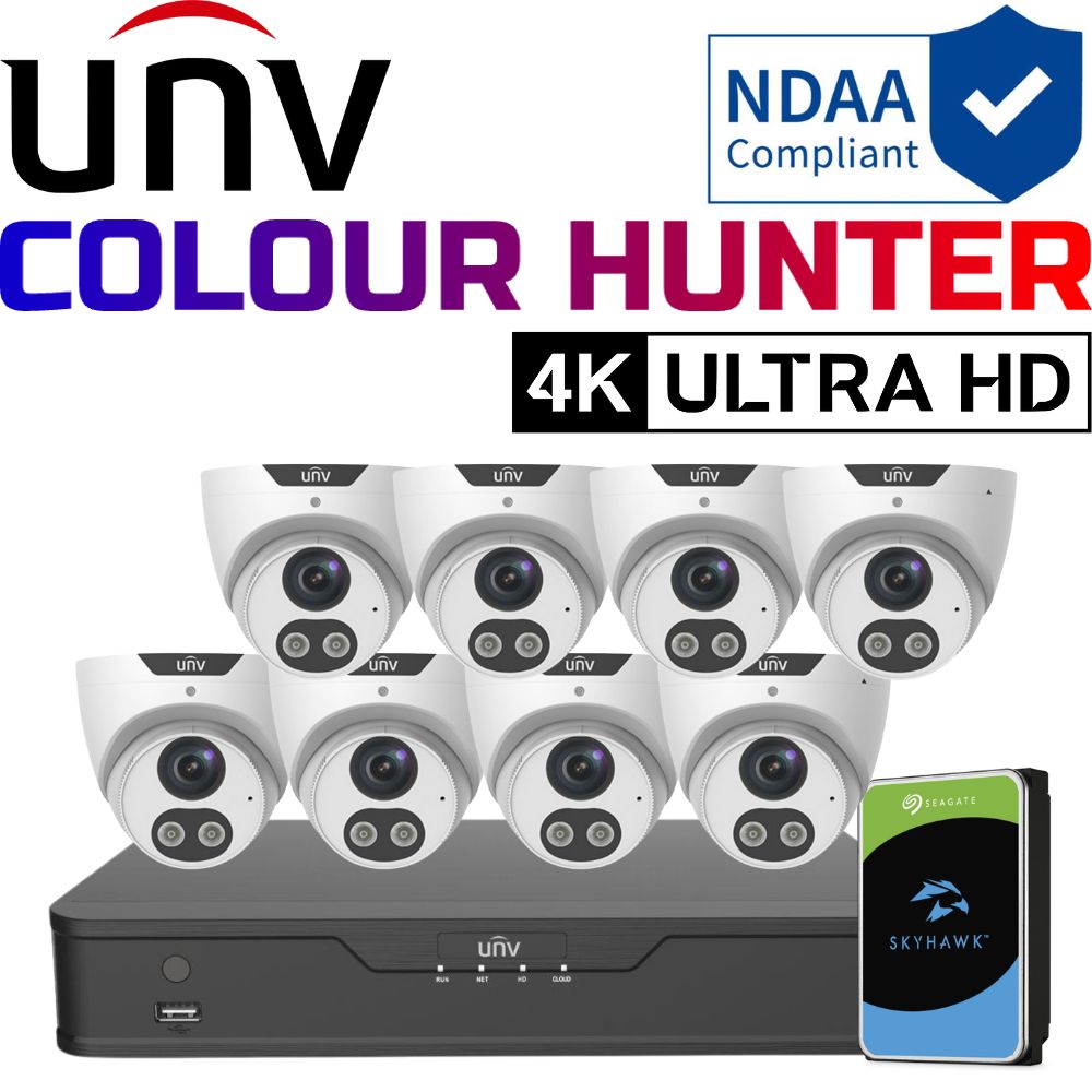 Uniview ColourHunter Security System: 8x 8MP Turret Cams, 8CH 4K NVR + HDD