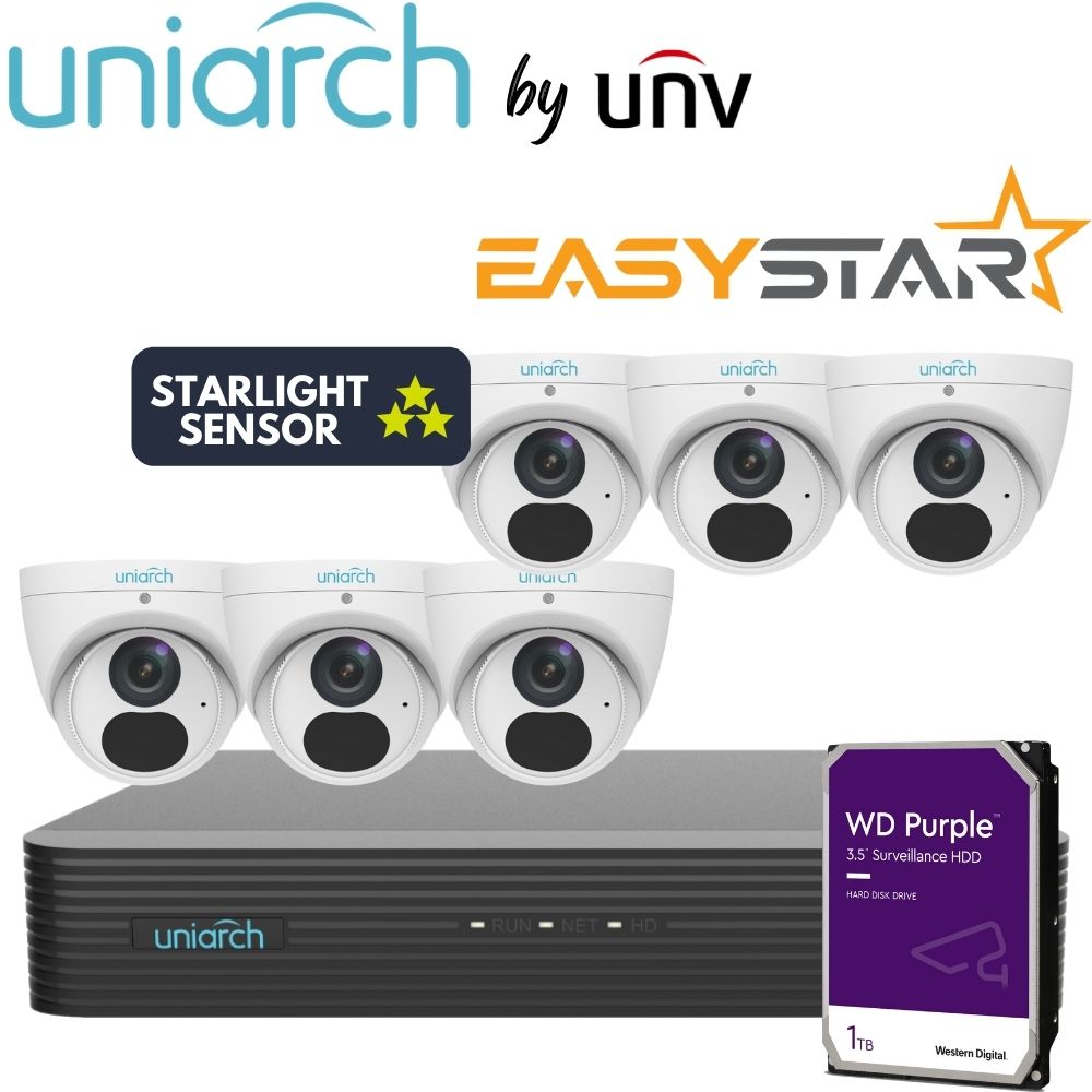 Uniarch Security System: 8-Channel NVR Pro, 6 X 6MP Turret, EasyStar