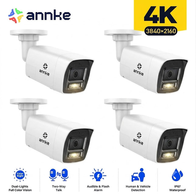 ANNKE 4-Camera 4K 8MP PoE Bullet Security Camera System, Two-Way Audio, Color Night Vision, Human & Vehicle Detection, IP67