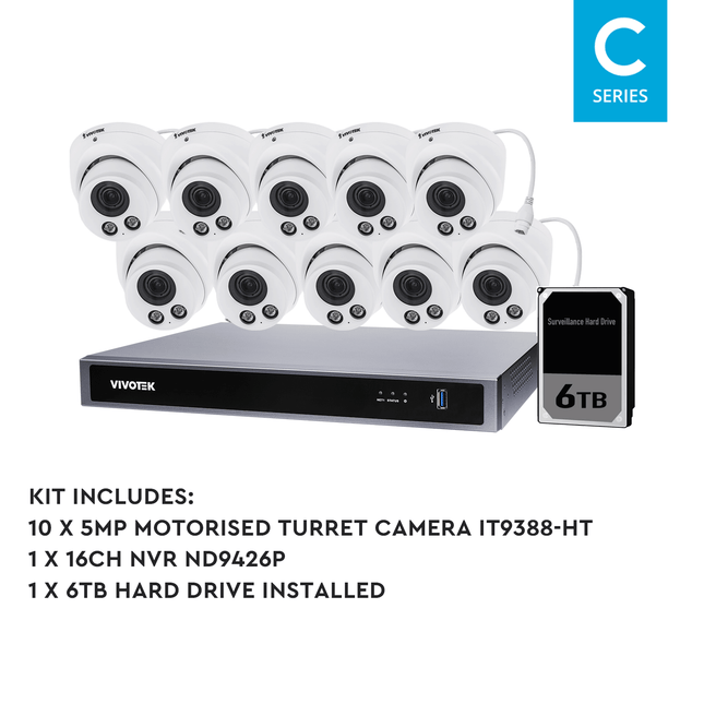 Vivotek 10 Camera Kit: 10x 5MP Dome, IK10, 16CH AI NVR, 6TB HDD