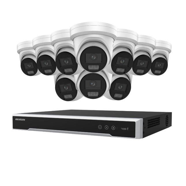 Hikvision Security Kit: 10x 8MP (4K UltraHD) ColorVu Smart Hybrid Light Turrets, M-Series Pro NVR - DS-2CD2387G3-LIS2UY/SL