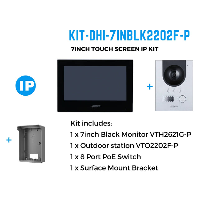 Dahua Intercom Kit: 7" Monitor (Black) 2MP Outdoor Camera, 4 PoE Switch - KIT-DHI-7INBLK2202F-P