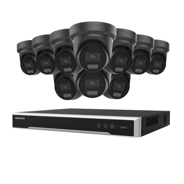 Hikvision Security Kit: 10x 8MP (4K UltraHD) ColorVu Smart Hybrid Light Turrets, M-Series Pro NVR - DS-2CD2387G3-LIS2UY/SL