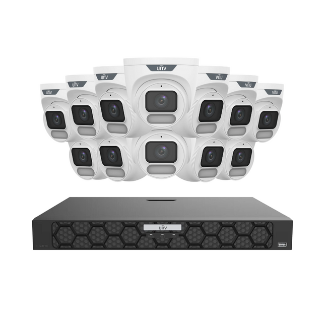Uniview Security Kit: 12x 8MP OwlView Turret, IQ Series NVR, Warm Light, ColorHunter, Mic
