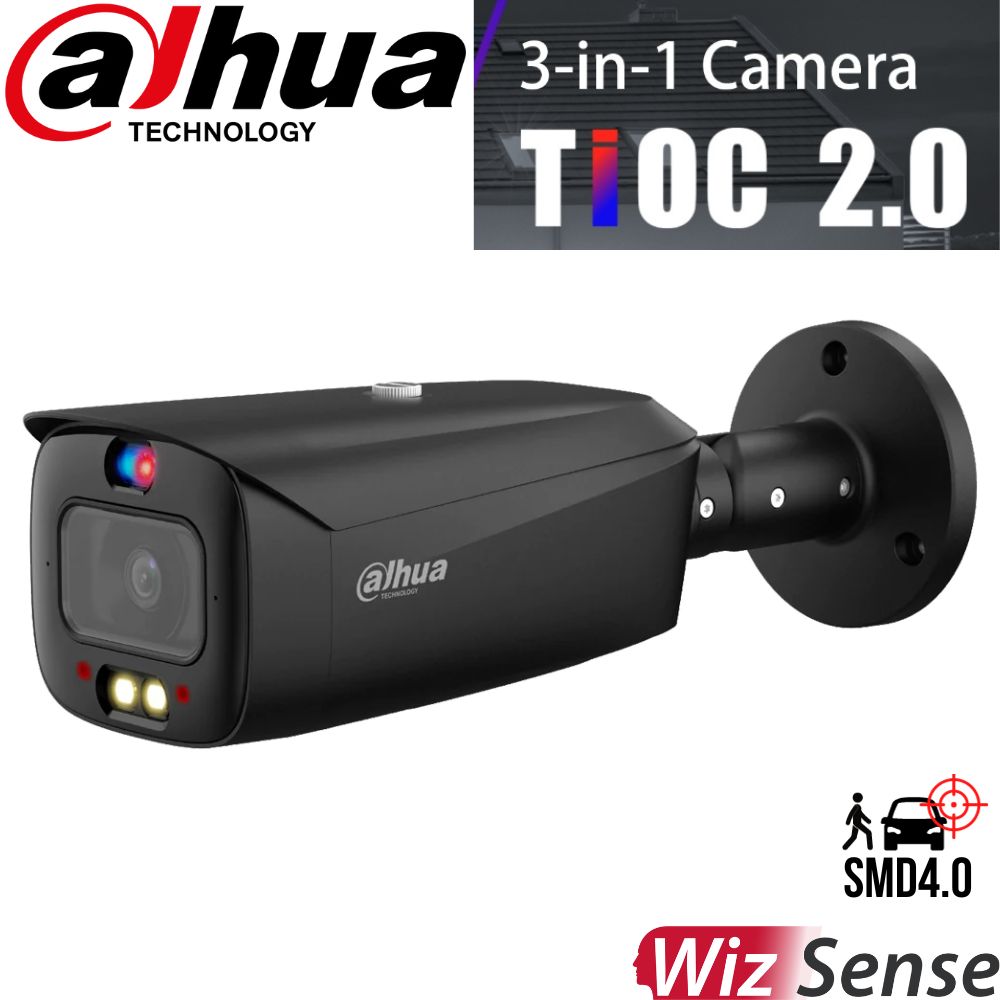 Dahua Security Camera: 8MP TiOC 2.0 Bullet Fixed Camera, WizSense, Full-Colour, Active Deterrence - DH-IPC-HFW3849T1-AS-PV-ANZ-BLK