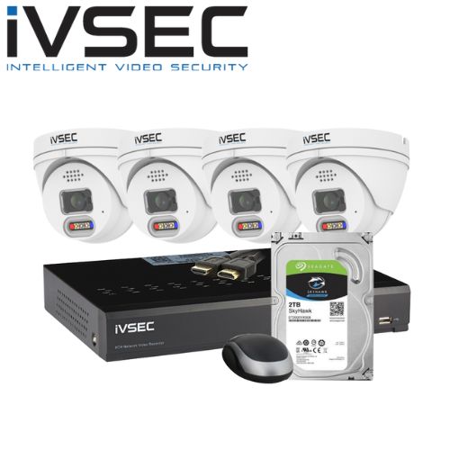 IVSEC 4 Channel Security Kits: KIT LX SERIES 4 X NC319XA IP CAM+ NR004XA-2TB 4 PoE NVR 4K, ADV DET, BASIC IVS - LVK-319