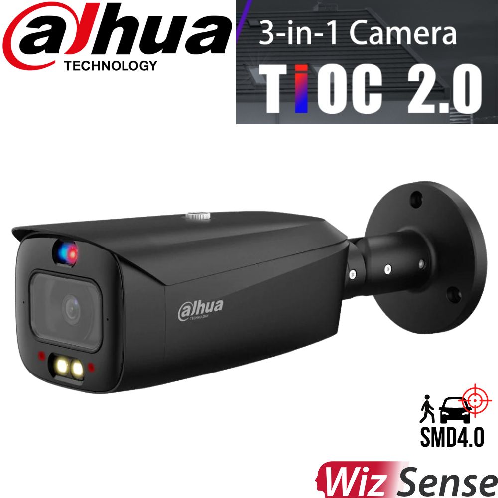 Dahua Security Camera: 6MP TiOC 2.0 Bullet, WizSense, Full-Colour, Active Deterence - DH-IPC-HFW3649T1-AS-PV-ANZ-BLK