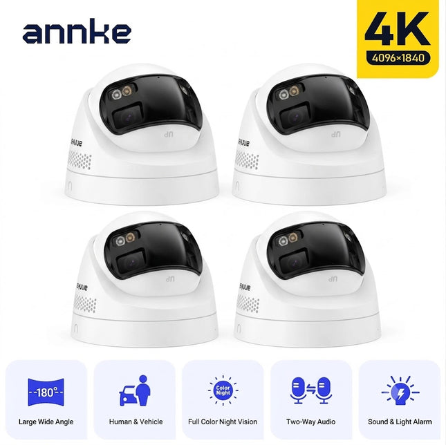 ANNKE 4-Camera 4K 8MP PoE Dual Lens Dome Security Camera System, 180° Panoramic View, Color Night Vision, Two-Way Audio, IP67
