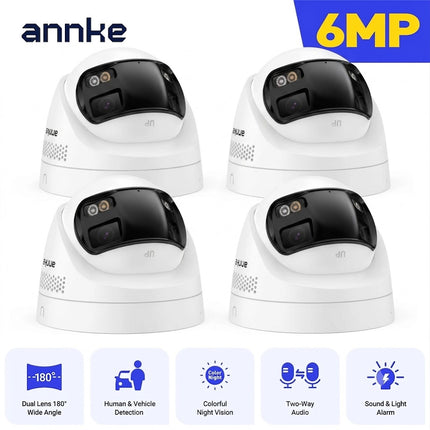 ANNKE 4-Camera 6MP PoE Dual Lens Dome Security Camera System, 180° Panoramic View, Two-Way Audio, Color Night Vision, Human & Vehicle Detection