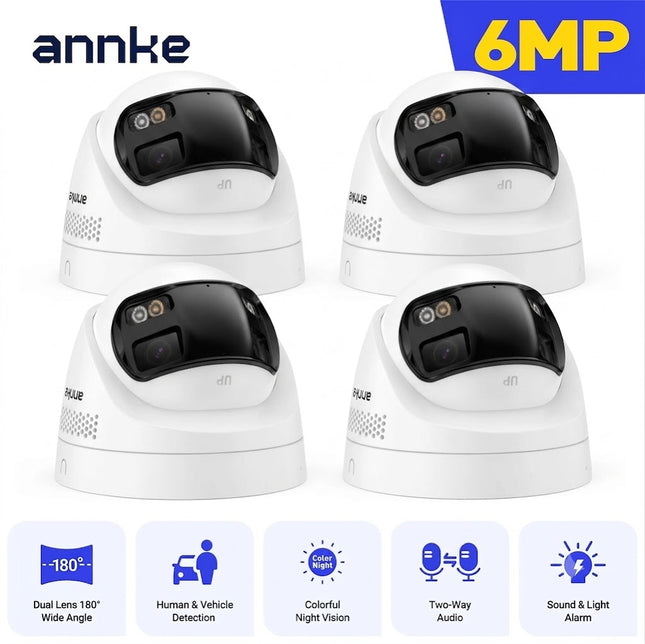 ANNKE 4-Camera 6MP PoE Dual Lens Dome Security Camera System, 180° Panoramic View, Two-Way Audio, Color Night Vision, Human & Vehicle Detection