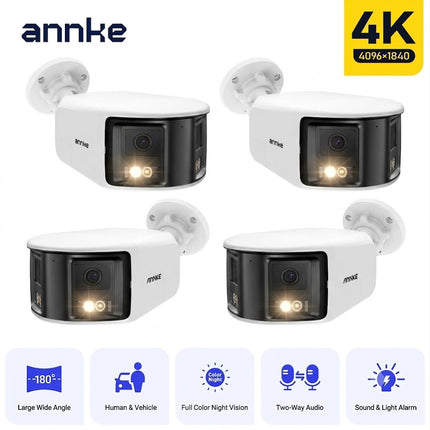 ANNKE 4-Camera 4K 8MP PoE Dual Lens Bullet Security Camera System, 180° Panoramic View, Two-Way Audio, Color Night Vision, Human & Vehicle Detection, IP67