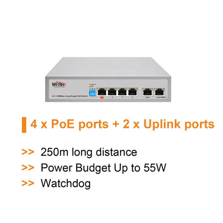 Wi-Tek 4FE+2FE uplink 250m Long Range 4 PoE Switch - WI-PS205 V3