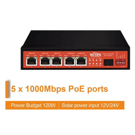 Wi-Tek 5GE+1SFP UPS No-Break Solar PoE Switch - WI-PS306GF-UPS-15A