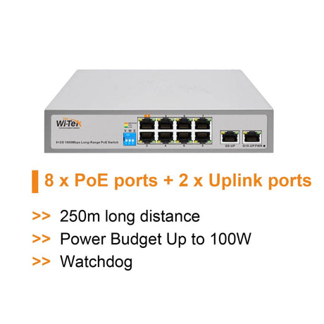 Wi-Tek 8FE+2FE uplink 250m Long Range 8 Ports PoE Switch  - WI-PS210G V3