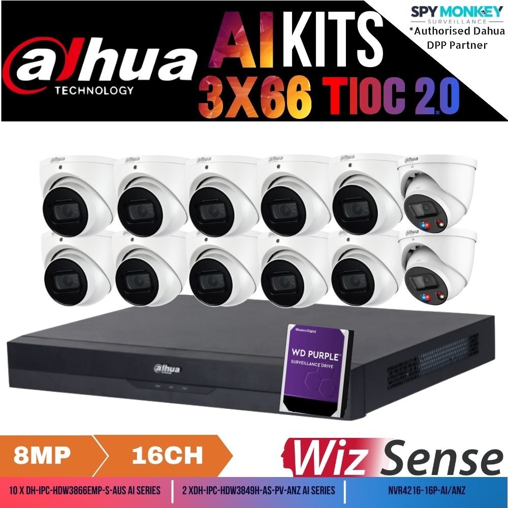 Dahua TiOC x 3X66 Security System: 2x TiOCs + 10x 8MP AI Cams, 16CH WizSense NVR + HDD