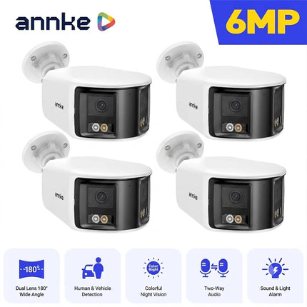 ANNKE 4-Camera 6MP PoE Dual Lens Bullet Security Camera System, 180° Panoramic View, Color Night Vision, Two-Way Audio, IP67
