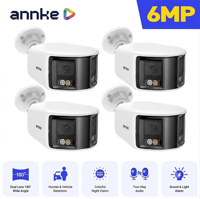 ANNKE 4-Camera 6MP PoE Dual Lens Bullet Security Camera System, 180° Panoramic View, Color Night Vision, Two-Way Audio, IP67