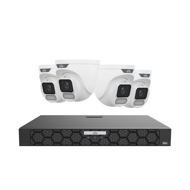 Uniview Security Kit: 4x 4MP OwlView Turret, IQ Series NVR, Warm Light, ColorHunter, Mic