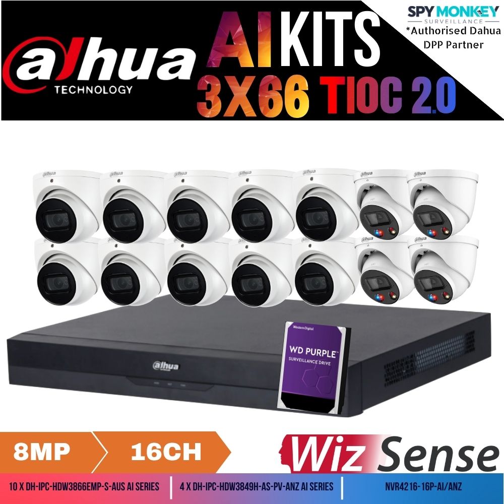 Dahua TiOC x 3X66 Security System: 4x TiOCs + 10x 8MP AI Cams, 16CH WizSense NVR + HDD