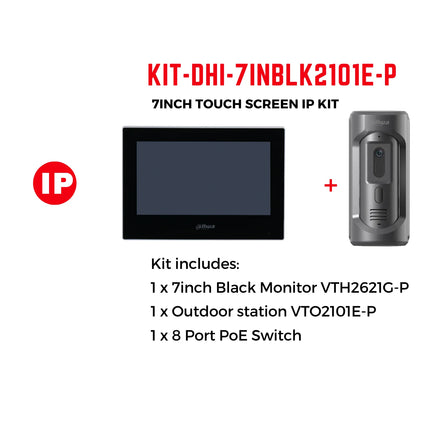 Dahua Intercom Kit: 7" Monitor (BLACK) 2MP Camera, 4 PoE Switch - KIT-DHI-7INBLK2101E-P