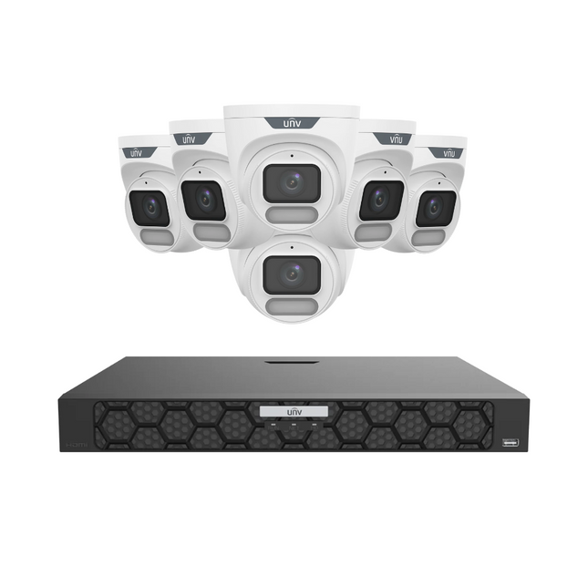 Uniview Security Kit: 6x 4MP OwlView Turret, IQ Series NVR, Warm Light, ColorHunter, Mic