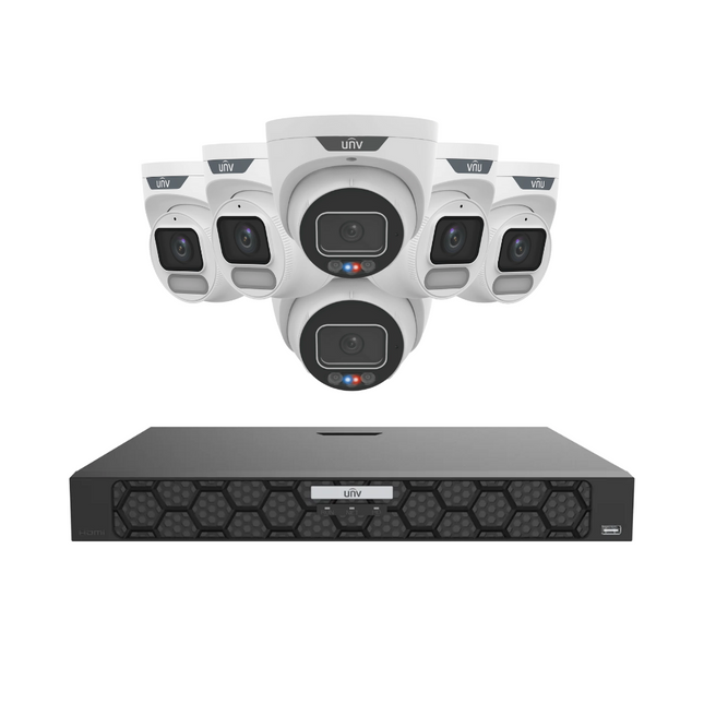 Uniview Security Kit: 2x 6MP TriGuard Alarm + 4x 6MP OwlView Turret, IQ Series NVR, Active Deterrent