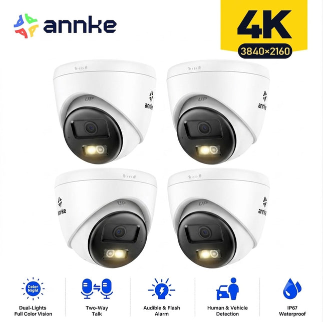 ANNKE 4-Camera 4K 8MP PoE Turret Security Camera System, Two-Way Audio, Color Night Vision, Human & Vehicle Detection, IP67