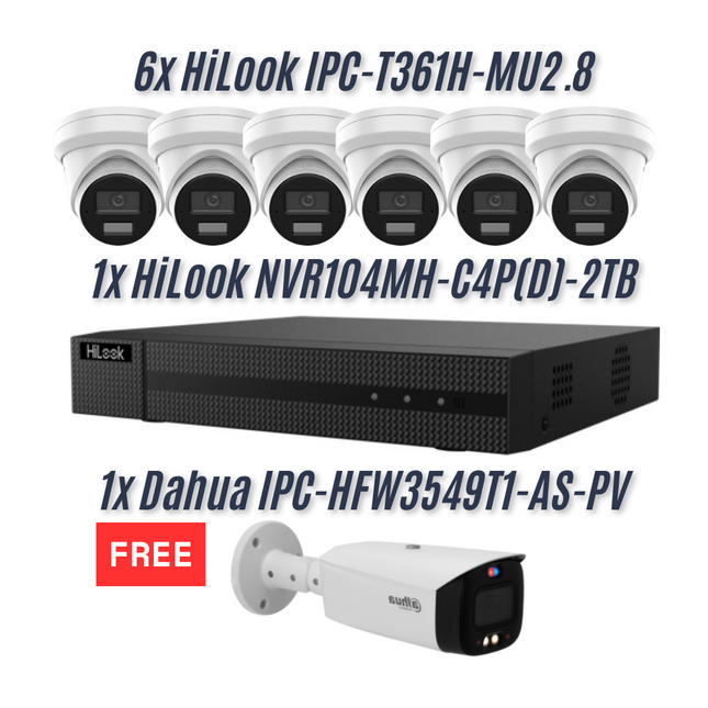 HiLook 8-Channel 6MP AI IP Kit with 6 Turrets + NVR + Free Dahua TiOC Camera
