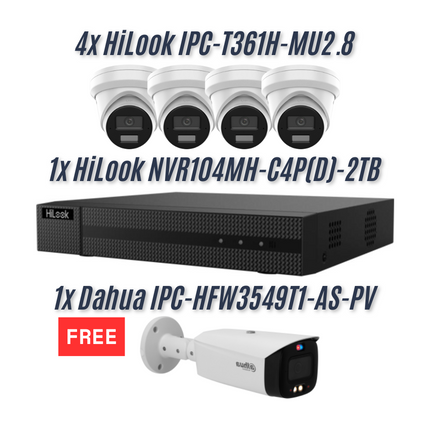 HiLook 4-Channel 6MP AI IP Kit with 4 Turrets + NVR + Free Dahua TiOC Camera
