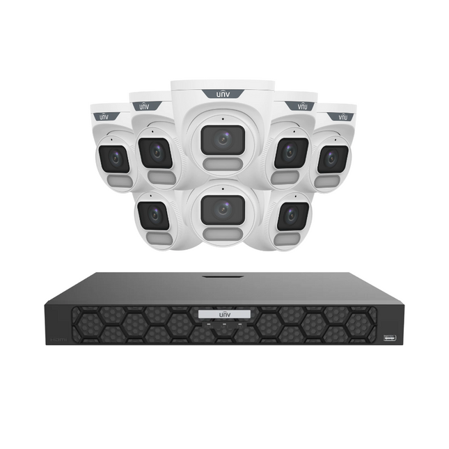 Uniview Security Kit: 8x 6MP OwlView Turret, IQ Series NVR, Warm Light, ColorHunter, Mic