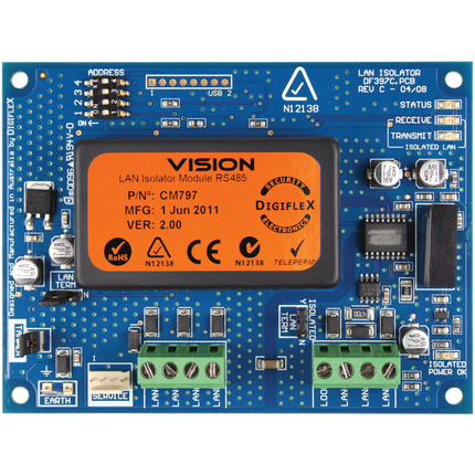 Bosch BOSCM797B Hardwired Lan &Amp; Power Isolator Module Blue PCB Enclosure Mount 100G 10-14VDC Suits Solution 16I/ 144/ E Series 250Ma