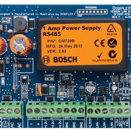 Bosch BOSCM720B Hardwired Lan Power Supply Module Blue PCB Enclosure Mount 100G 16-18VAC Suits Solution 16I/ 144/ 6000 *Required Power Supply (Tf008-B) &Amp; 1 X Battery (Tb100103) 1A*