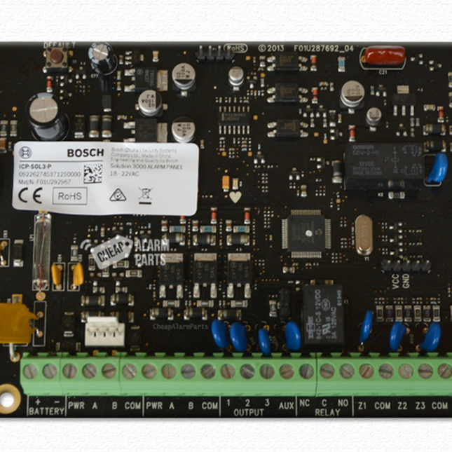 Bosch BOSICP-SOL3-P Solution 3000 Hardwired Alarm Panel Black 8 X/16 X Split Zone Not Expandable 4 X Output 2 Areas 32 Users 4 Keypad 16 Wireless 256 Events PCB Enclosure Mount Built In Pstn 18VAC