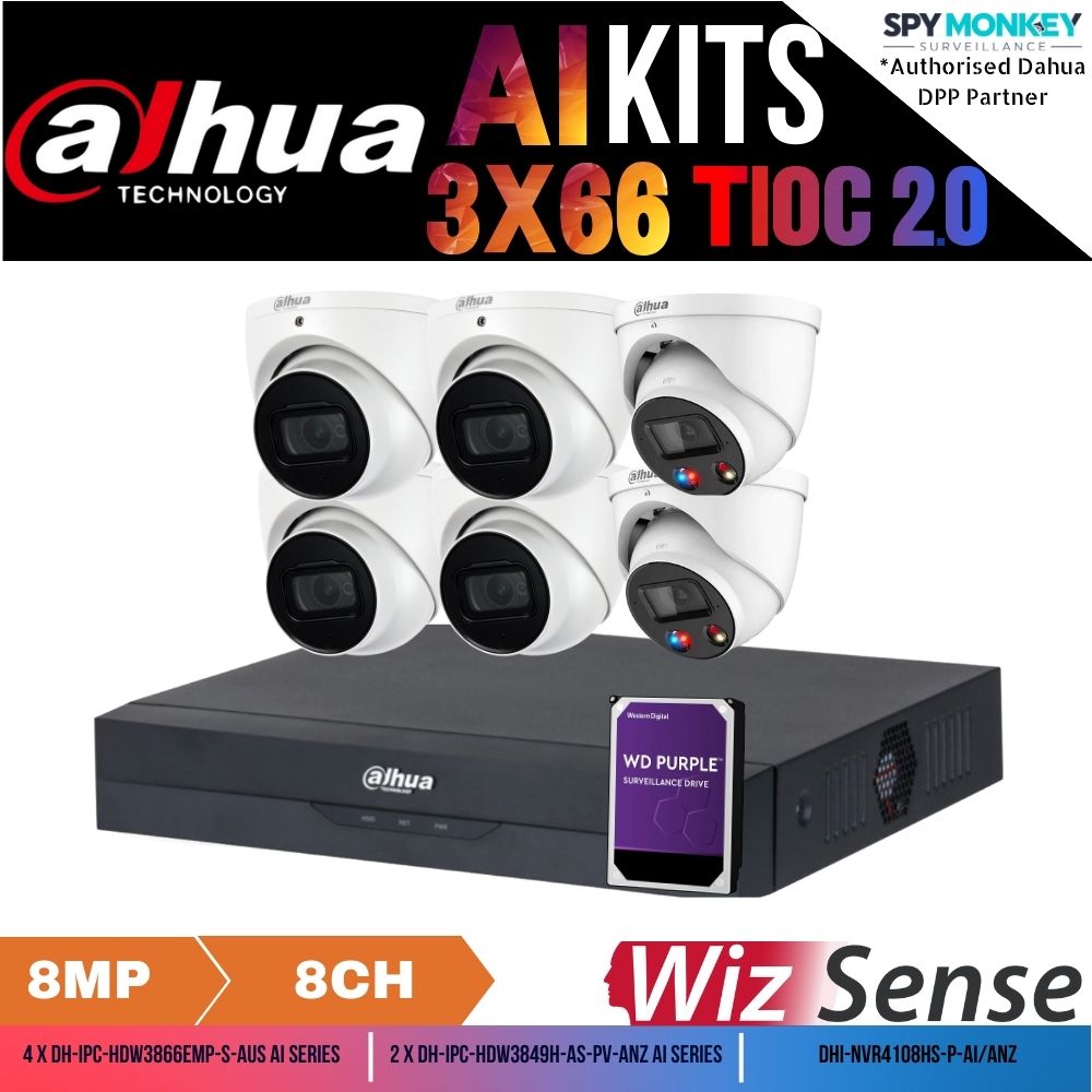 Dahua TiOC x 3X66 Security System: 2x TiOCs + 4x 8MP AI Cams, 8CH WizSense NVR + HDD