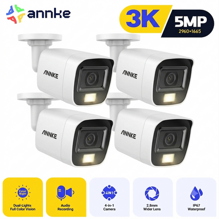 ANNKE 4-Camera 5MP Color Night Vision Security Camera System, Built-in Microphone, Smart Dual-Light, IP67 Weatherproof
