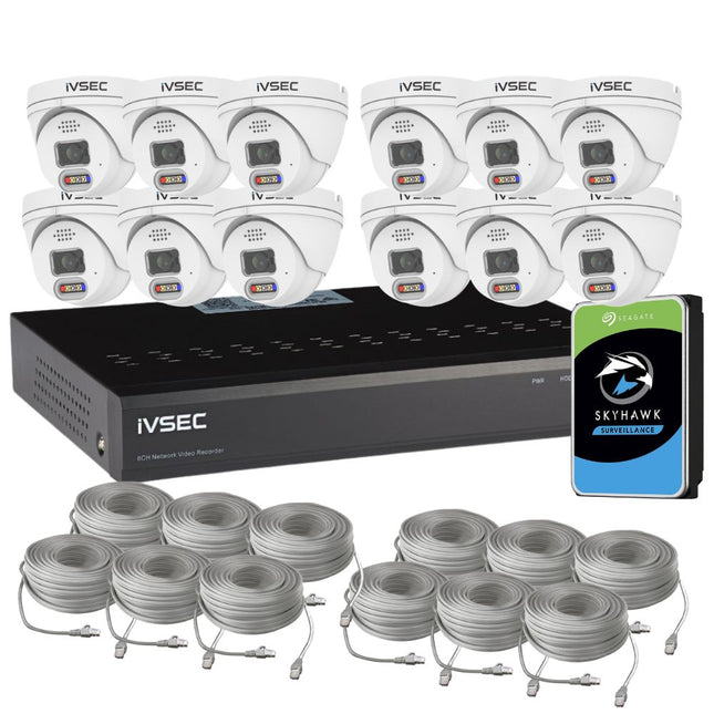 IVSEC Security System: 12x 8MP Adv. Deter, Full-Colour, Turrets, 16-Channel 12MP NVR, SMD