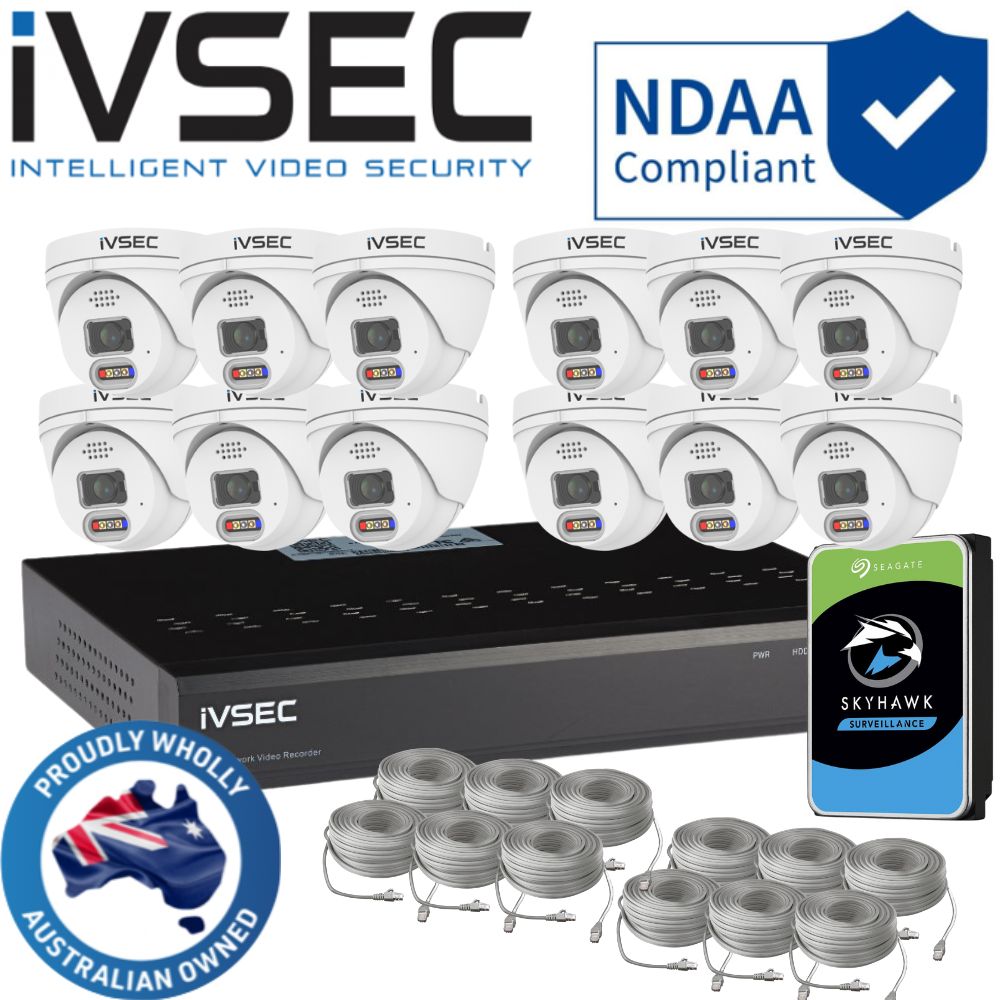 IVSEC Security System: 12x 8MP Adv. Deter, Full-Colour, Turrets, 16-Channel 12MP NVR, SMD
