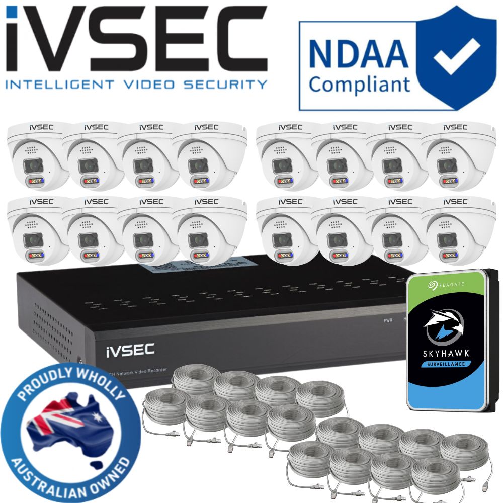 IVSEC Security System: 16x 8MP Adv. Deter, Full-Colour, Turrets, 16-Channel 12MP NVR, SMD
