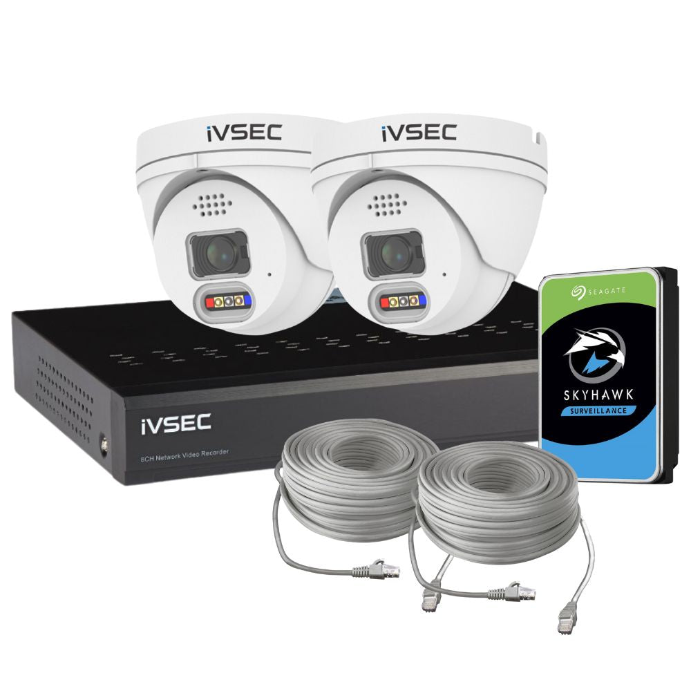 IVSEC Security System: 2x 8MP Adv. Deter, Full-Colour, Turrets, 4-Channel 8MP NVR, SMD