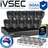 IVSEC Security System: 10x 8MP Adv. Deter, Full-Colour, Black Turrets, 16-Channel 12MP NVR, SMD