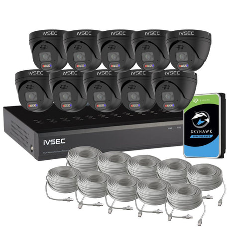 IVSEC Security System: 10x 8MP Adv. Deter, Full-Colour, Black Turrets, 16-Channel 12MP NVR, SMD