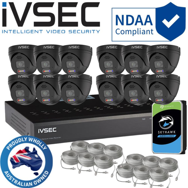 IVSEC Security System: 12x 8MP Adv. Deter, Full-Colour, Black Turrets, 16-Channel 12MP NVR, SMD