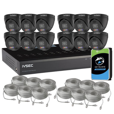 IVSEC Security System: 12x 8MP Adv. Deter, Full-Colour, Black Turrets, 16-Channel 12MP NVR, SMD