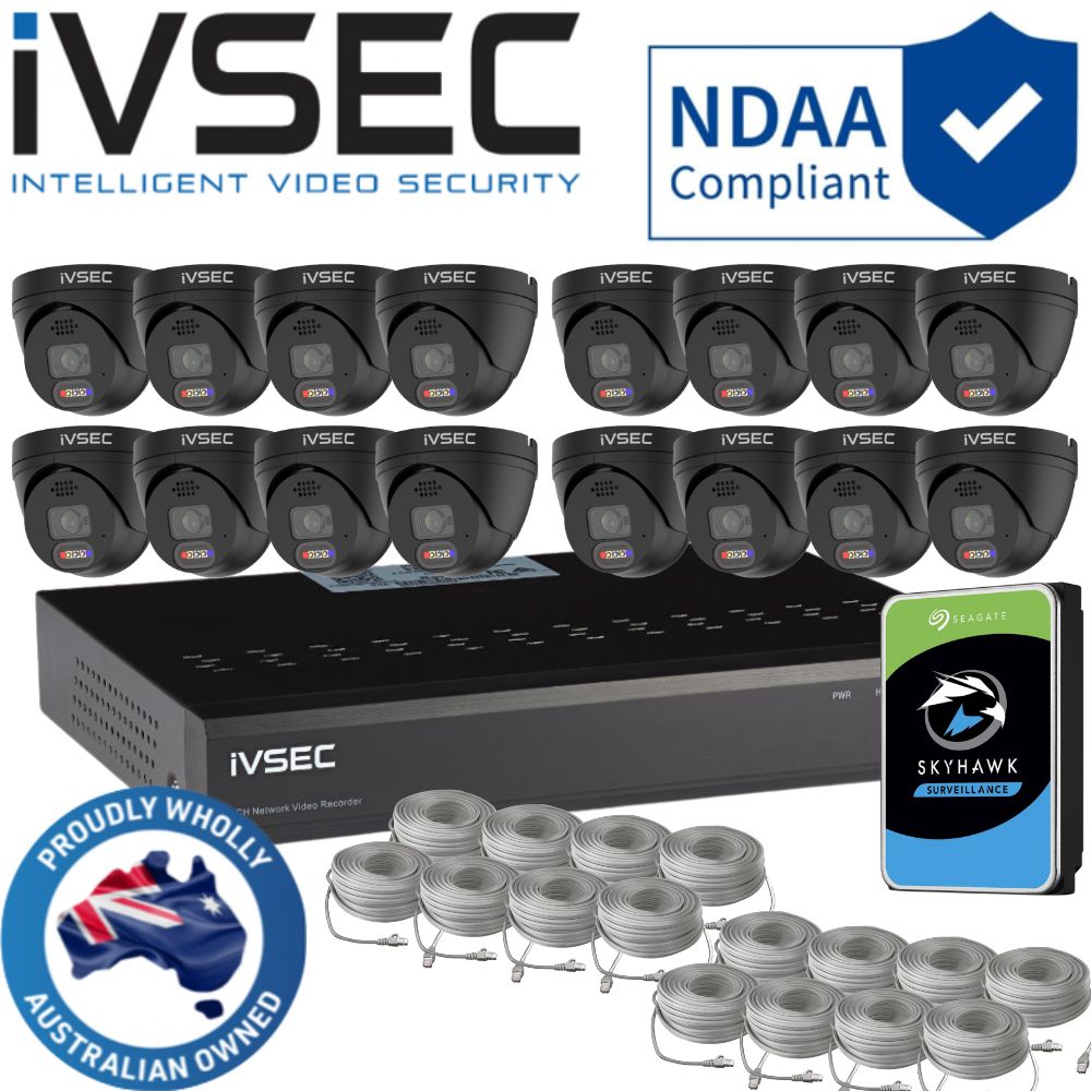 IVSEC Security System: 16x 8MP Adv. Deter, Full-Colour, Black Turrets ...