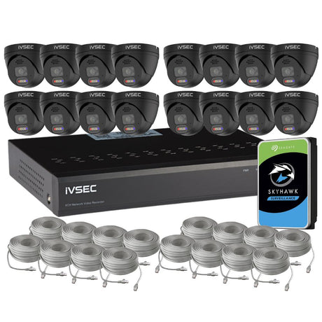 IVSEC Security System: 16x 8MP Adv. Deter, Full-Colour, Black Turrets, 16-Channel 12MP NVR, SMD