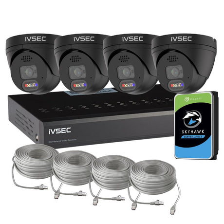 IVSEC Security System: 4x 8MP Adv. Deter, Full-Colour, Black Turrets, 4-Channel 8MP NVR, SMD